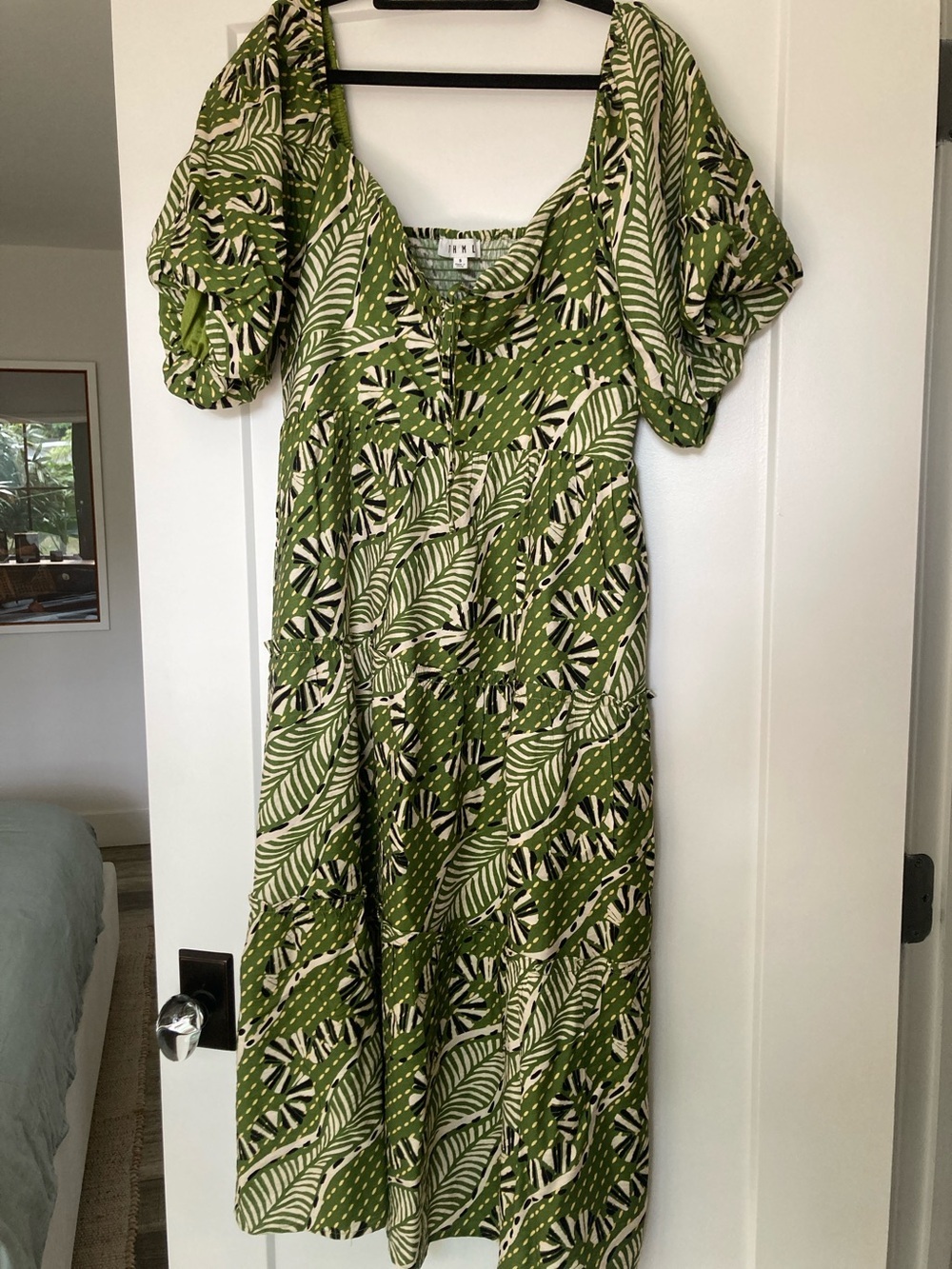 THML Olive Green Leaf-Print Midi Dress